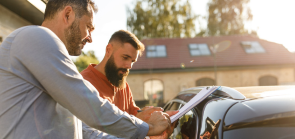 Two people stand beside a car discussing documents, illustrating the process of buying cars in Canada and navigating car prices.