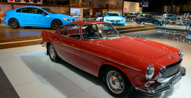 Volvo P1800 classic car on display at the 2014 Brussels motor show.