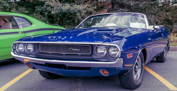 A blue 1970 Dodge Challenger convertible muscle car at Memory Lane Car Show in Nova Scotia.