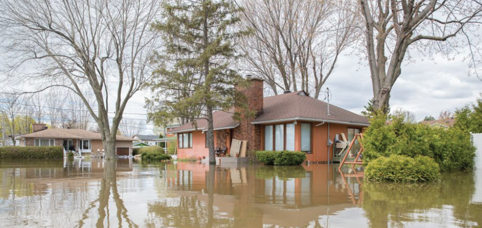 Floodwater surrounds several single‑story homes, submerging yards and reflecting the buildings and trees.