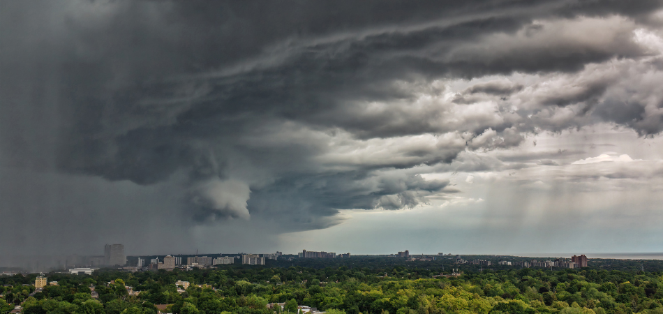 Dark storm clouds over east Toronto in the summer sky.