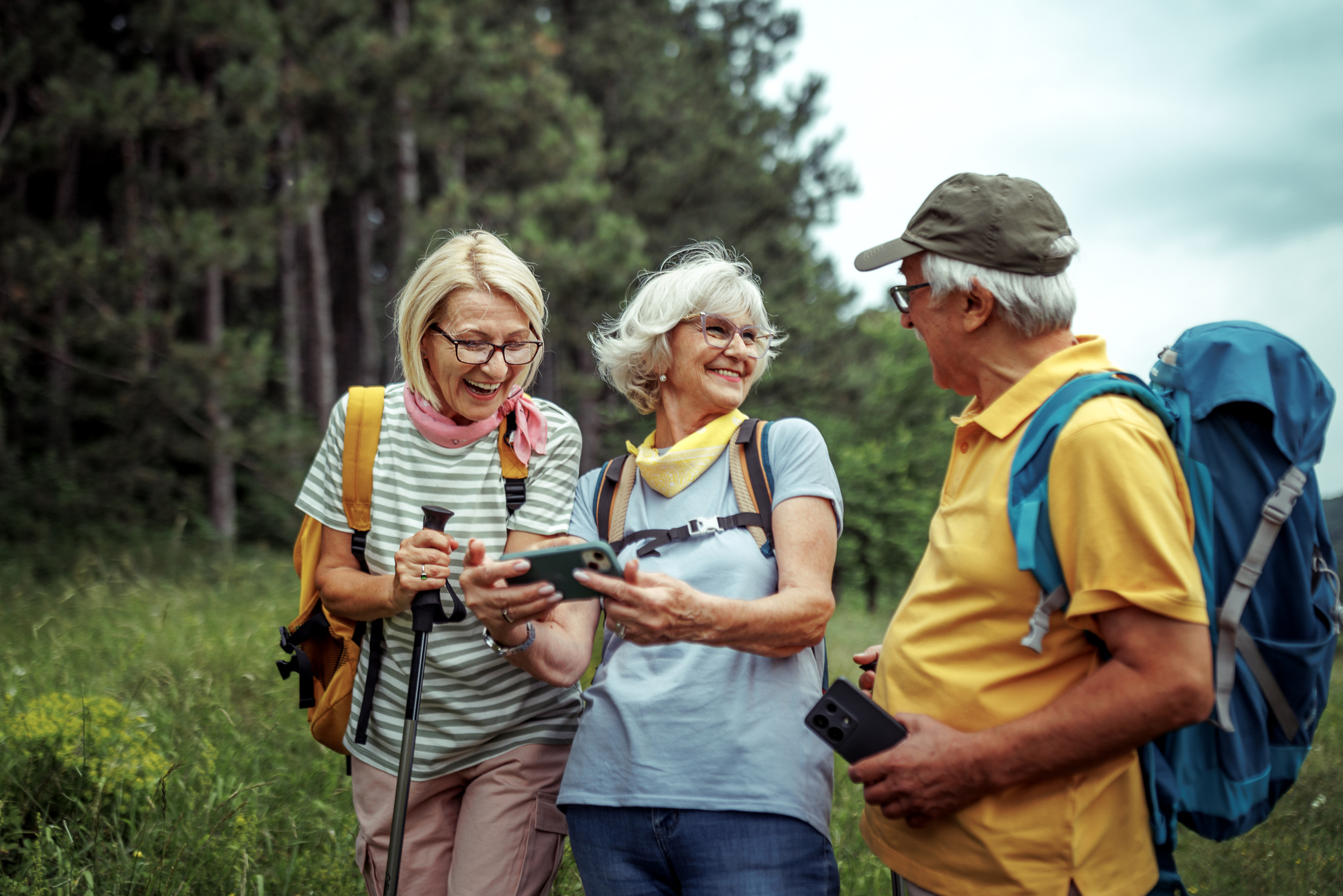 Three senior hikers using a smart phone while hiking
