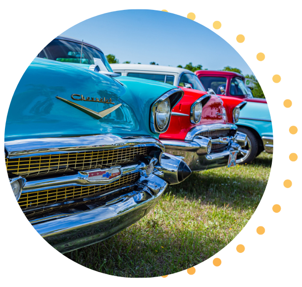 Classic cars parked in a row.