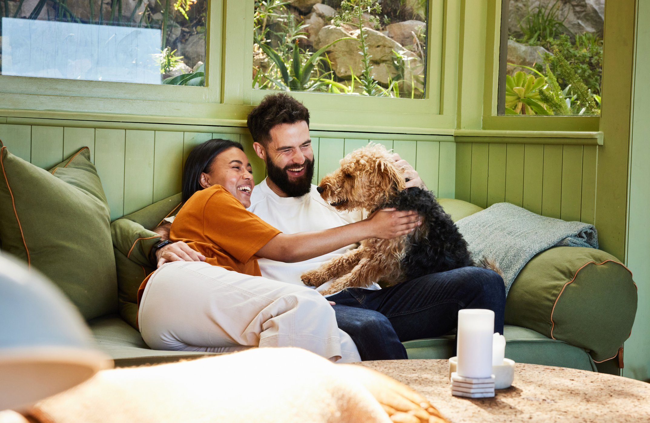 Laughing couple playing with dog on living room sofa