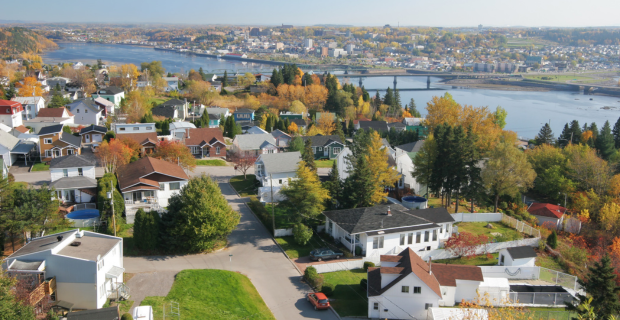 An overhead photo of a waterside Canadian town.
