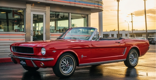 This classic car from the 60s is a 1964 Ford Mustang, featuring a sharp red colour with a convertible top, parked beside a diner.