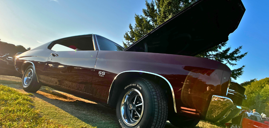 A classic dark red Chevrolet Chevelle SS muscle car parked on grass at an outdoor car show, photographed from a low angle.