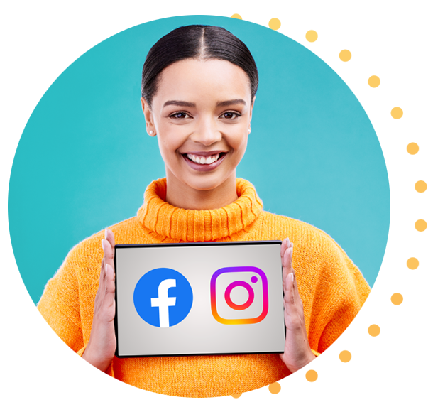 A woman holding up Facebook and Instagram logos