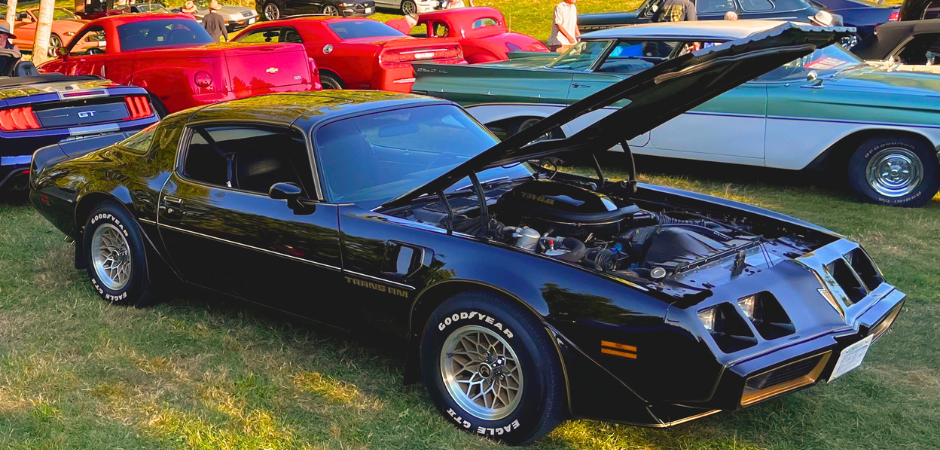 A black Pontiac Firebird Trans Am muscle car with its hood open, parked on grass at an outdoor car show.