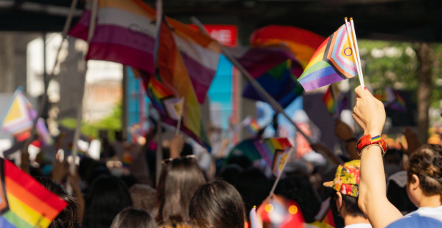 People holding different pride flags outside