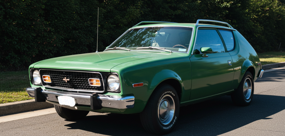 A classic green AMC Gremlin hatchback from the 1970s parked on a paved road, photographed from the front-left angle.