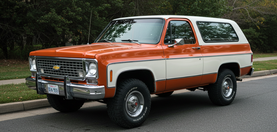 A two-tone orange and white Chevrolet K5 Blazer SUV from the 1970s parked on a paved road, photographed from the front-left angle.